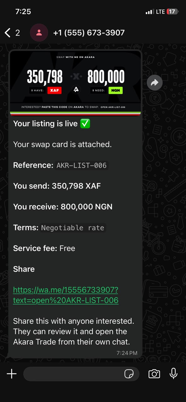 Akara listing live inside a WhatsApp chat